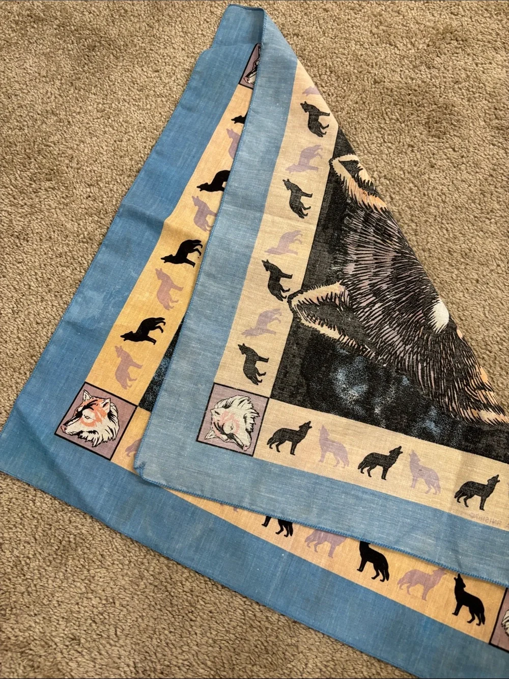 Wolf Print Bandana Scarf in Blue and Tan